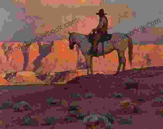 Painting Of A Dramatic Western Landscape With Mountains, Rivers, And A Lone Cowboy On Horseback Trailin Max Brand